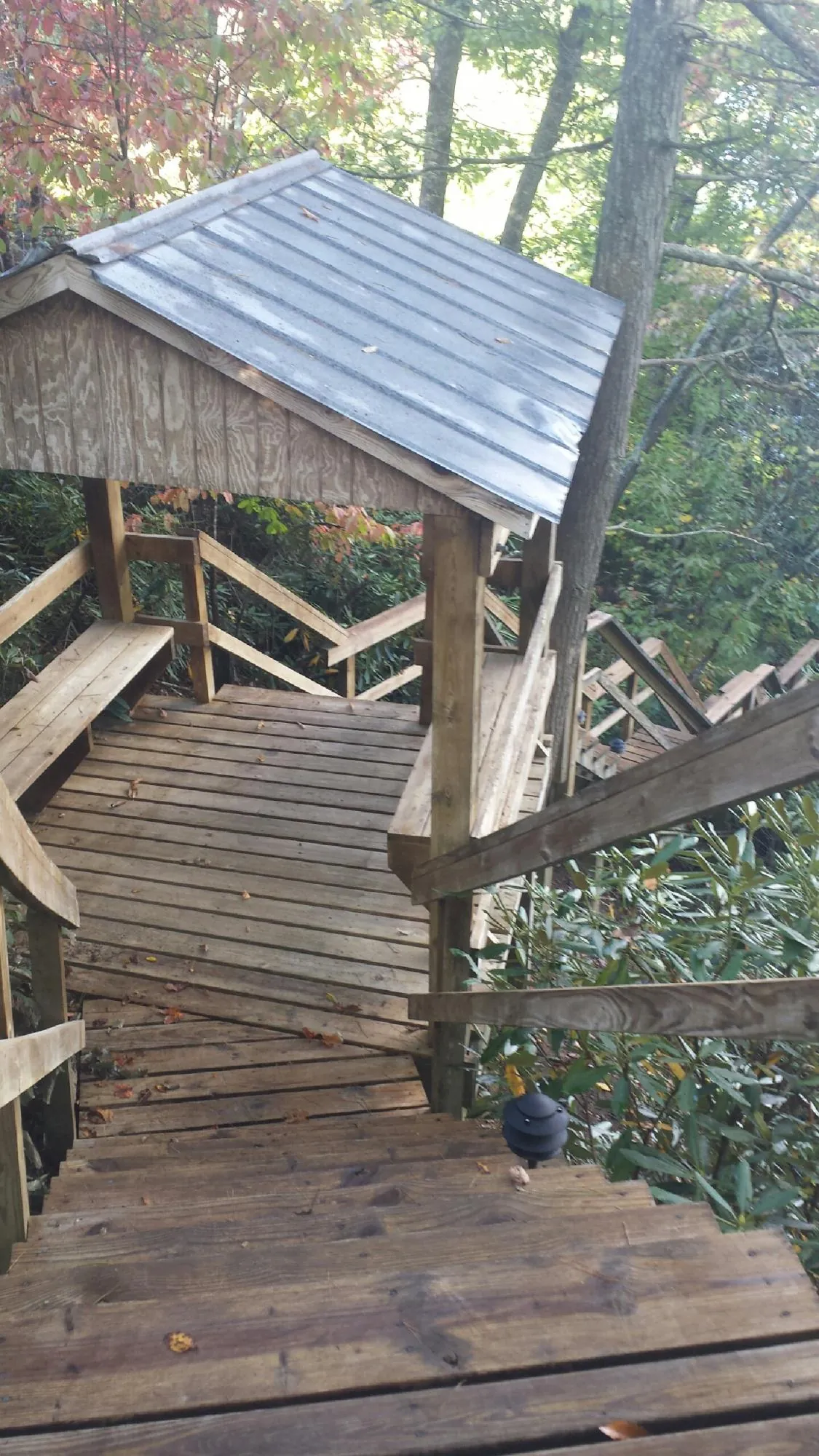 Metal roofed shelter over wooden steps on a wooded walkway — Skylight Repair & Installation work by our crew in Cerro Gordo